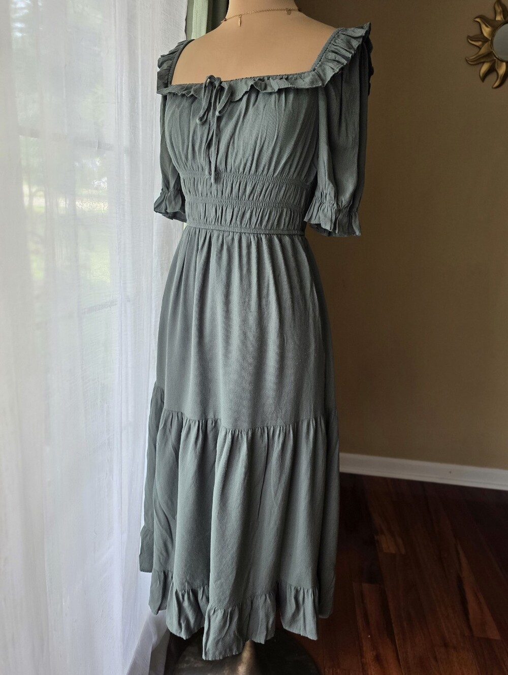 Trixxi Olive Green Cottagecore Smocked Tiered Ruffle Boho Peasant Midi Dress S